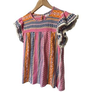 THML Geometric Print Boho Flutter Sleeve Top Pink‎ Orange Blue Size Small EUC